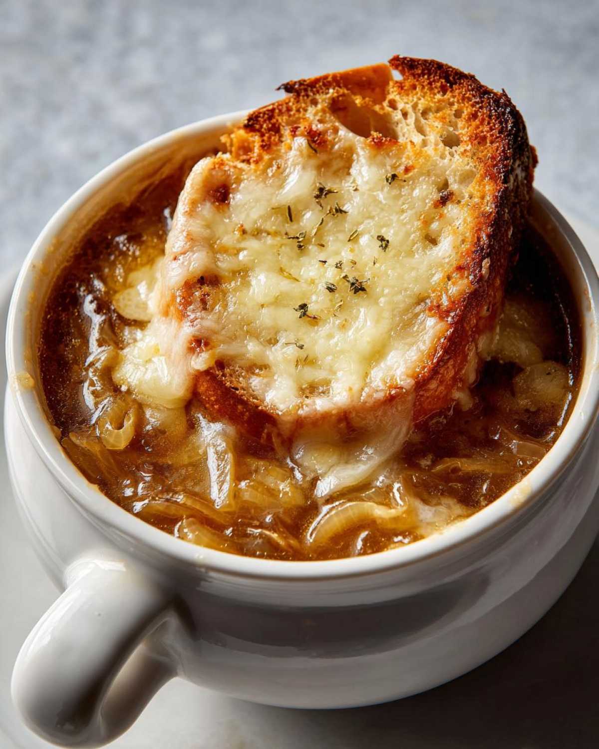 Close-up of a bowl of Crockpot French Onion Soup topped with melted cheese and a toasted crouton.