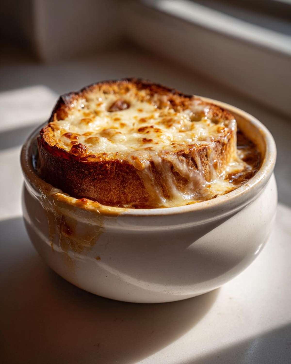 A close-up of a bowl of Crockpot French Onion Soup topped with a thick layer of melted, bubbly cheese and toasted bread.