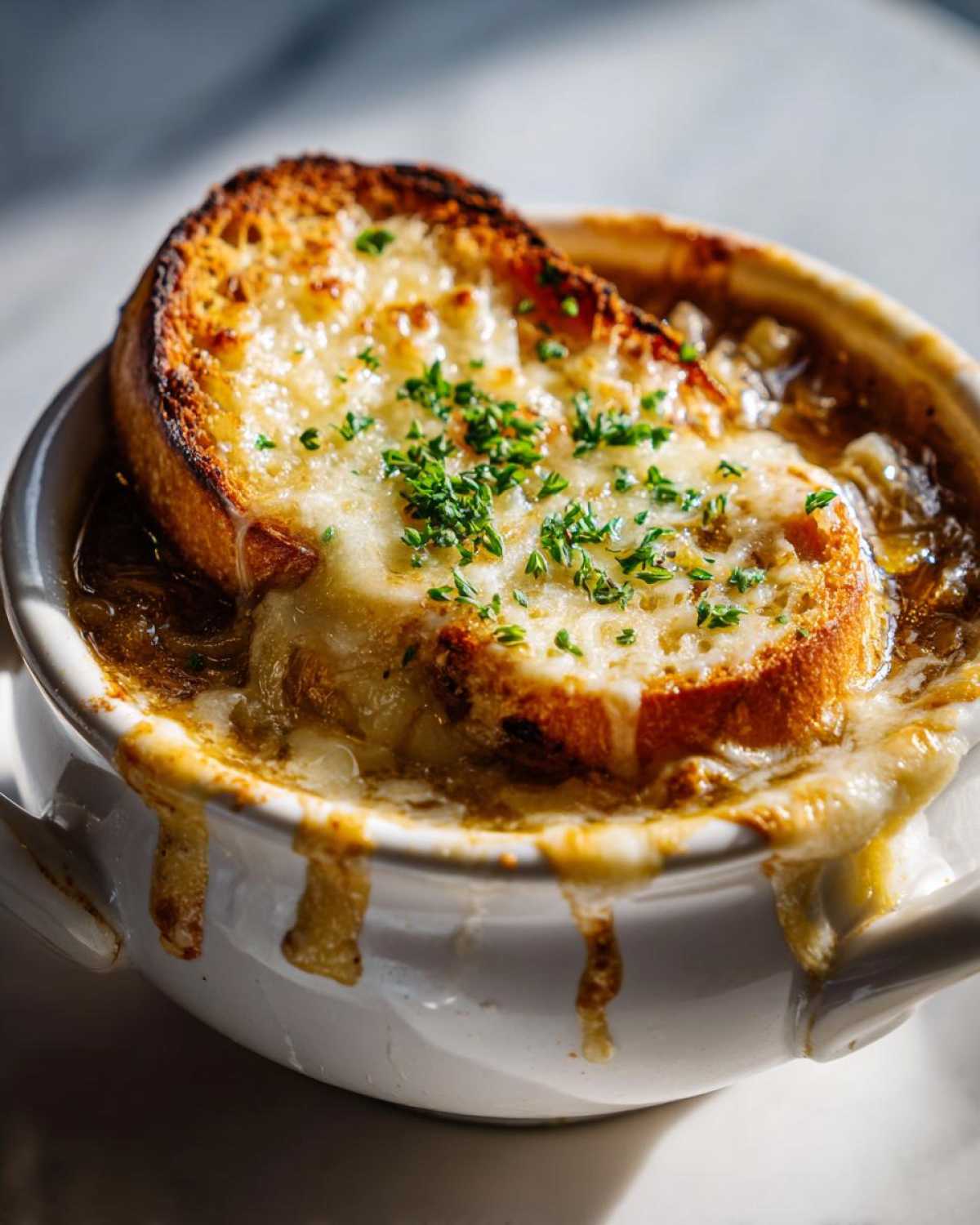 Close-up of a bowl of Crockpot French Onion Soup topped with melted cheese and crouton, garnished with parsley.