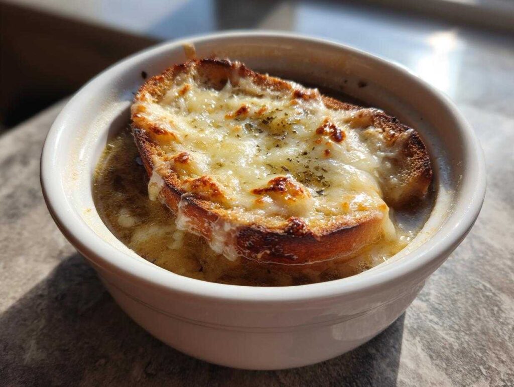 A close-up of a bowl of Crockpot French Onion Soup topped with a crusty bread slice and melted, browned cheese.