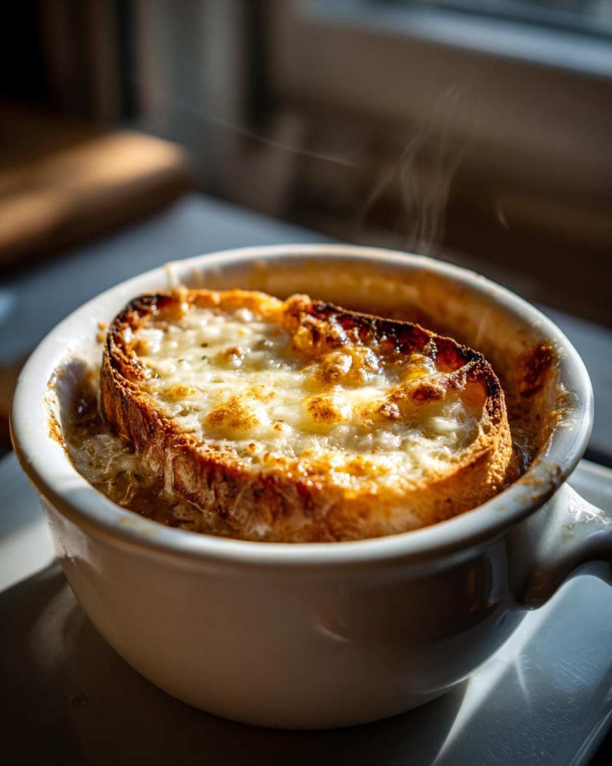 A steaming bowl of Crockpot French Onion Soup topped with a thick slice of toasted bread and melted, bubbly cheese.