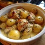 A close-up of crockpot garlic parmesan chicken and potatoes in a white dish, garnished with herbs.