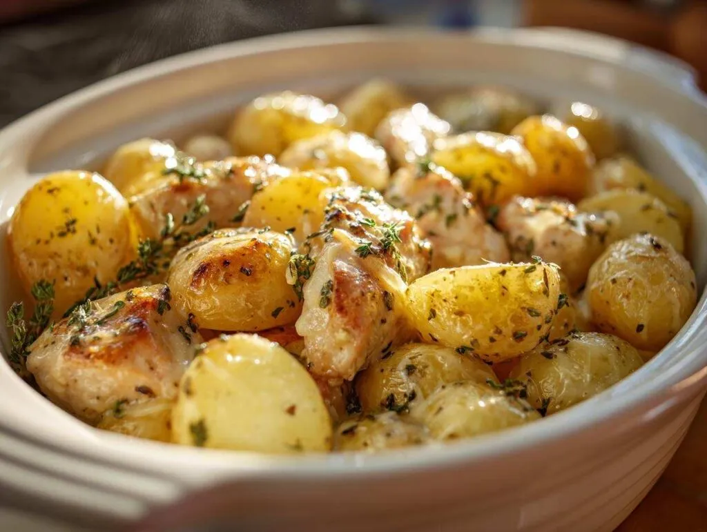 A white oval dish filled with tender crockpot garlic parmesan chicken and potatoes, garnished with fresh herbs.