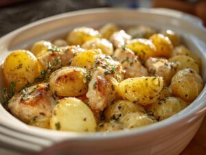 A white oval dish filled with tender crockpot garlic parmesan chicken and potatoes, garnished with fresh herbs.