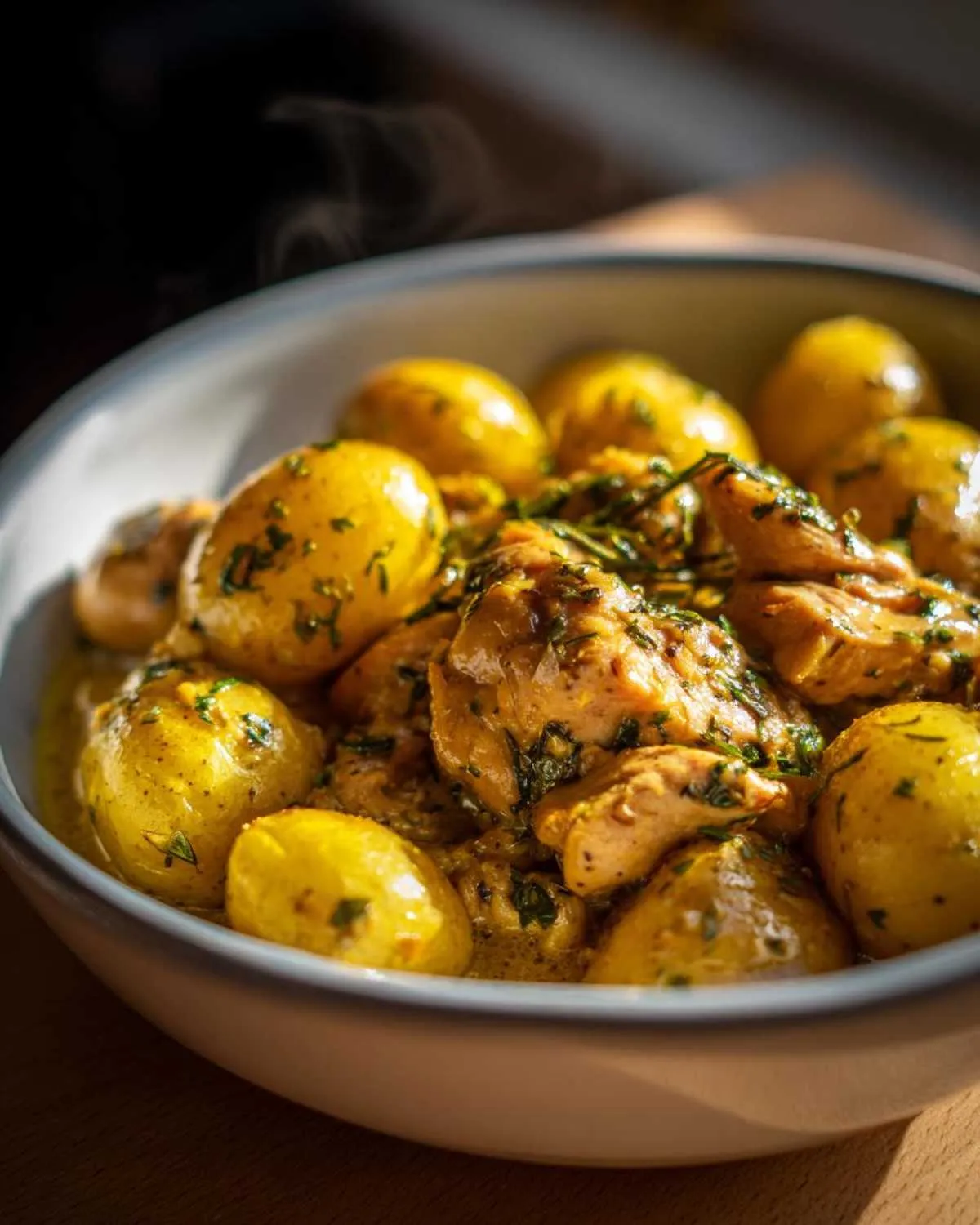 A close-up of a bowl filled with tender chicken pieces and golden potatoes, coated in a creamy garlic parmesan sauce and sprinkled with fresh herbs.