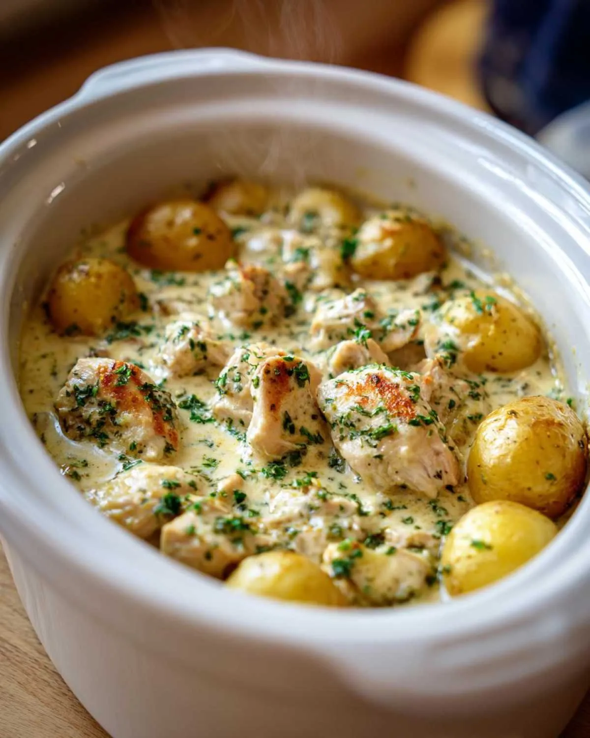 Steaming crockpot garlic parmesan chicken and potatoes with fresh parsley garnish.