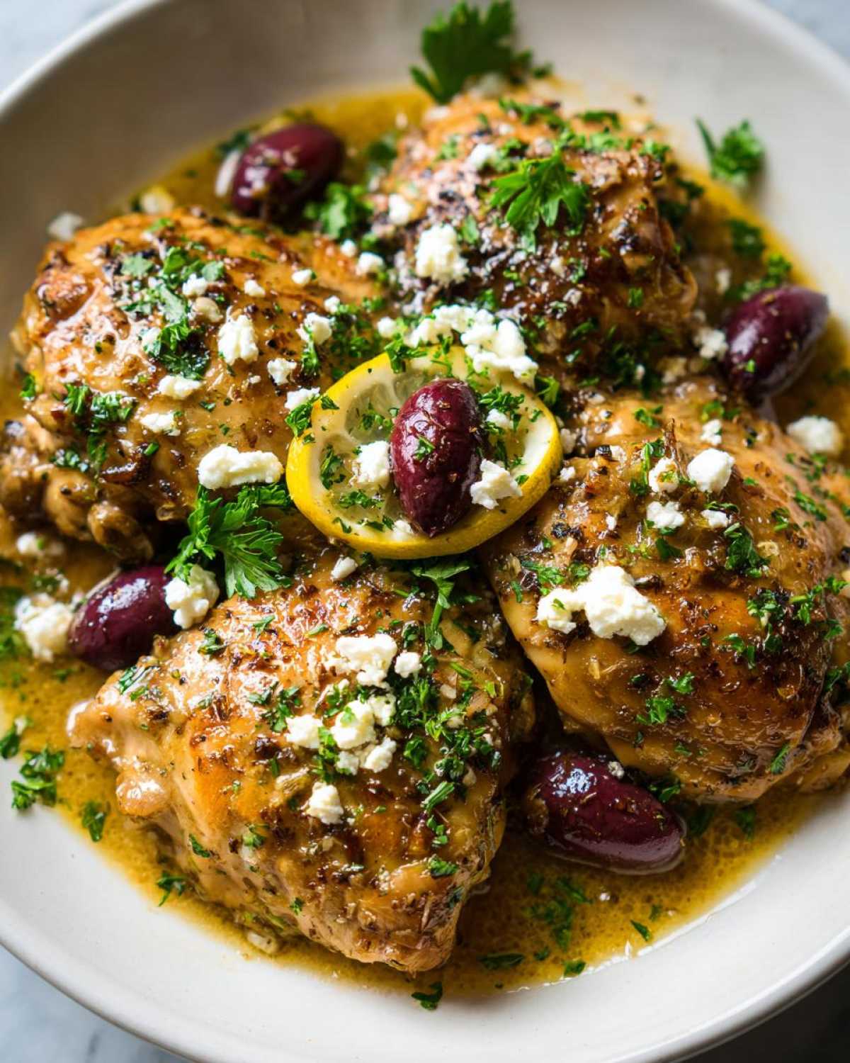 Close-up of juicy Crockpot Greek chicken thighs topped with crumbled feta, Kalamata olives, fresh parsley, and a lemon slice.