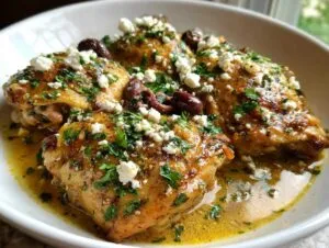 Close-up of tender Crockpot Greek chicken thighs topped with crumbled feta cheese, Kalamata olives, and fresh parsley.