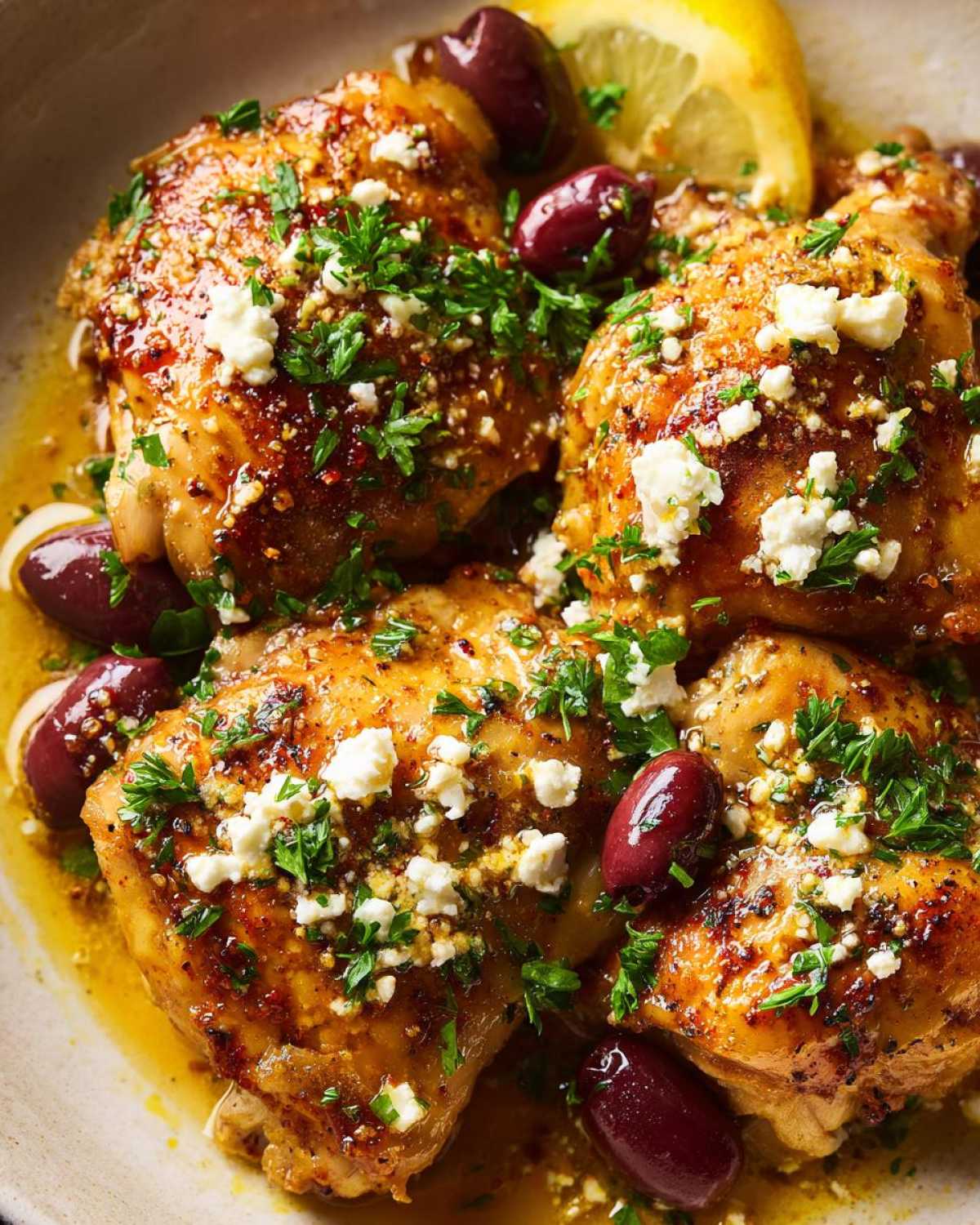 Close-up of tender Crockpot Greek chicken thighs garnished with Kalamata olives, crumbled feta cheese, and fresh parsley.
