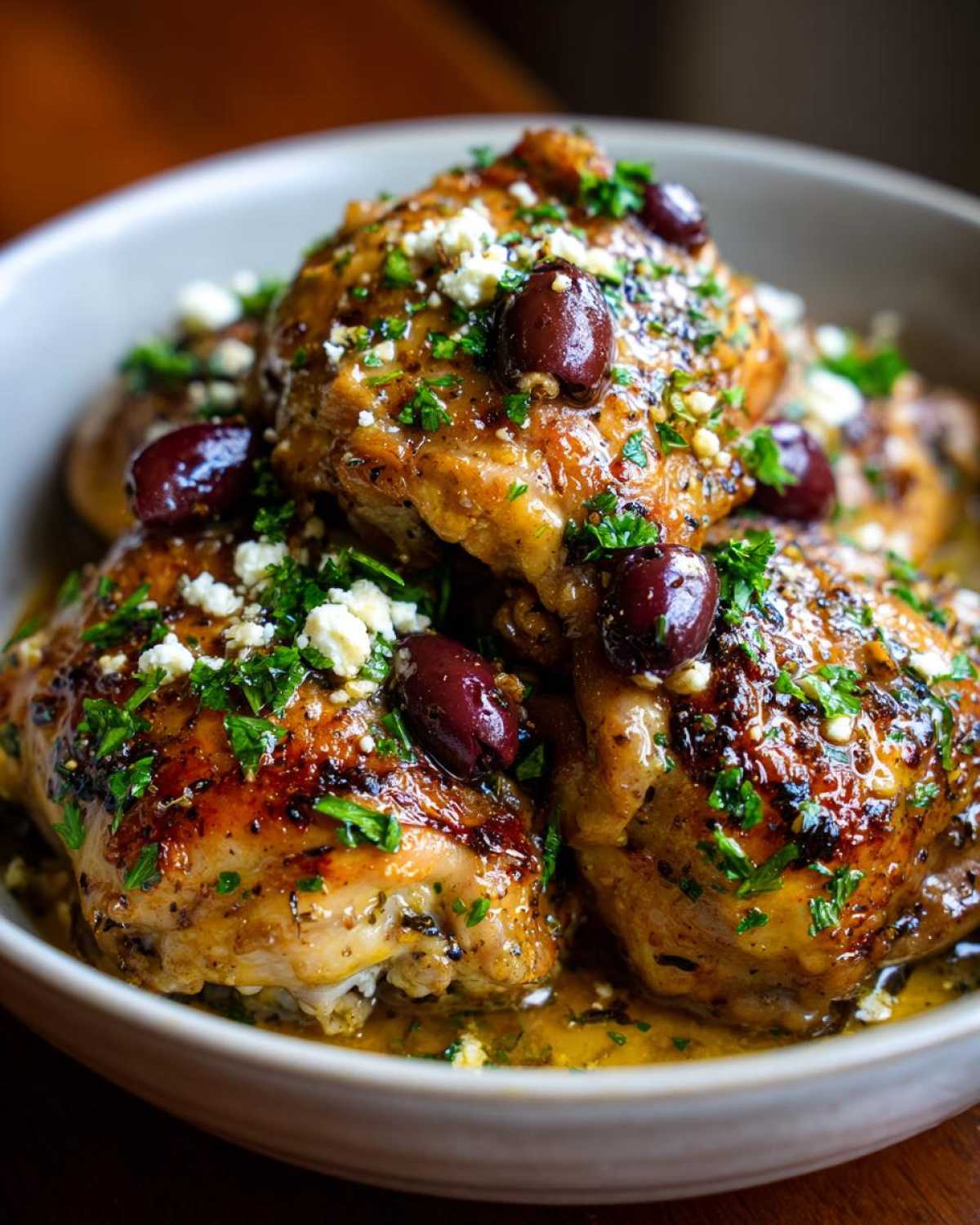 Close-up of tender Crockpot Greek chicken thighs topped with Kalamata olives, crumbled feta cheese, and fresh parsley.