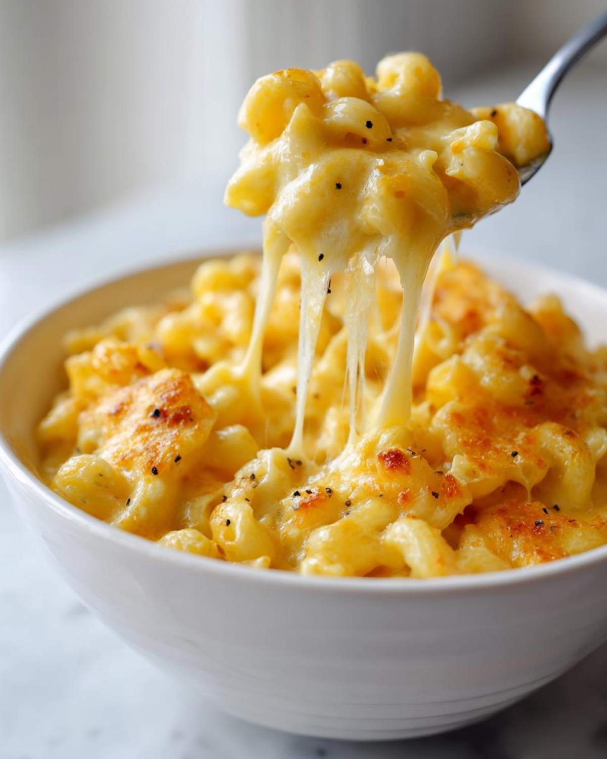 A spoonful of creamy crockpot mac and cheese with long strings of melted cheese being lifted from a white bowl.