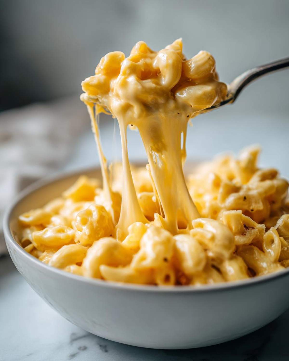 A fork lifting a generous portion of creamy Crockpot mac and cheese, with long strings of melted cheese stretching.