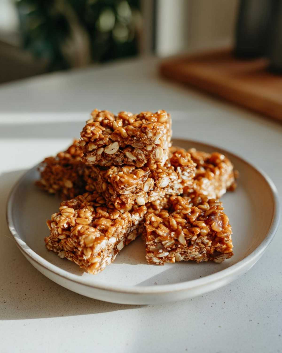 A stack of homemade granola clusters made with oats, nuts, and a sticky sweet binder.