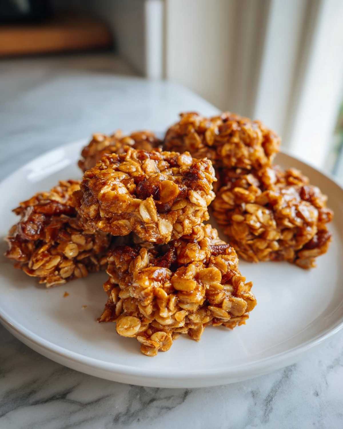 Close-up of several homemade granola clusters made with oats and nuts, stacked on a white plate.