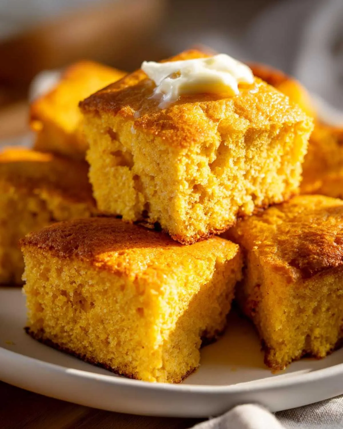 Close-up of golden-brown crunchy soft cornbread squares, topped with melting butter.