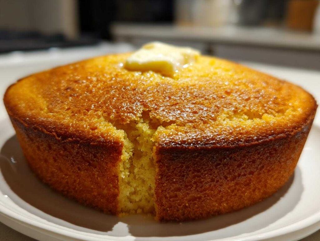 Close-up of a golden-brown crunchy soft cornbread with a pat of melting butter on top.