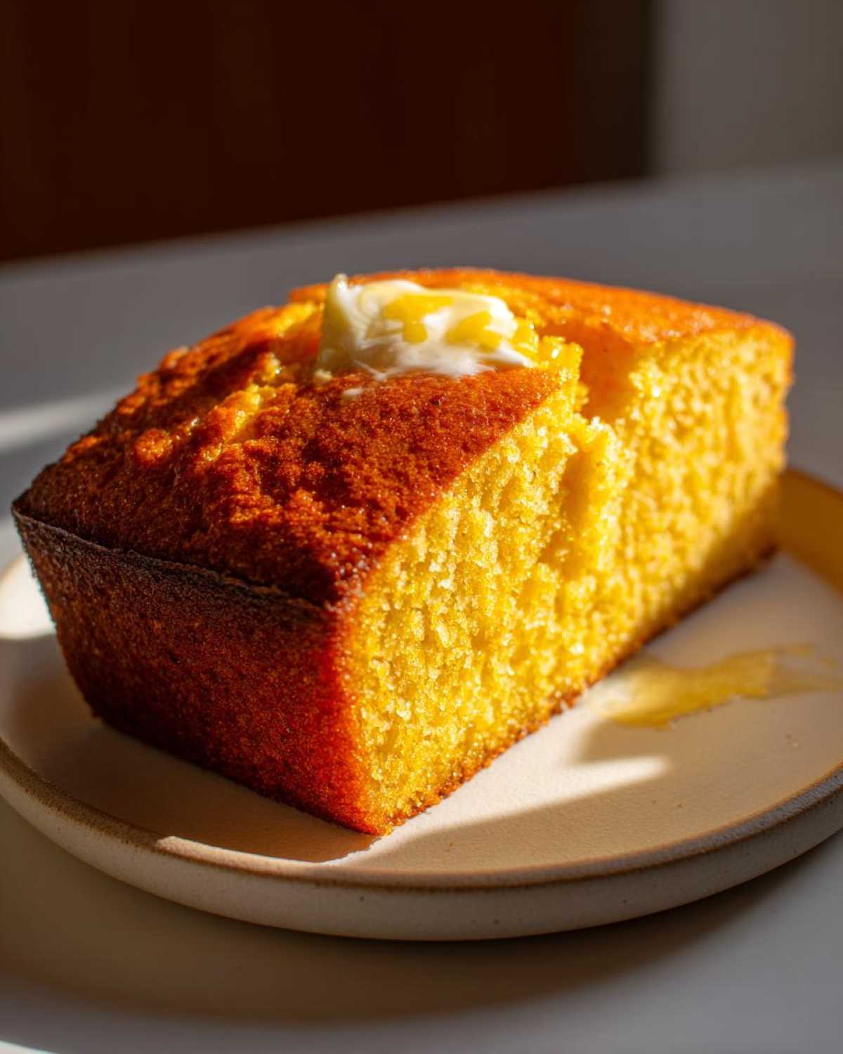 A slice of golden-brown crunchy soft cornbread topped with a pat of melting butter.