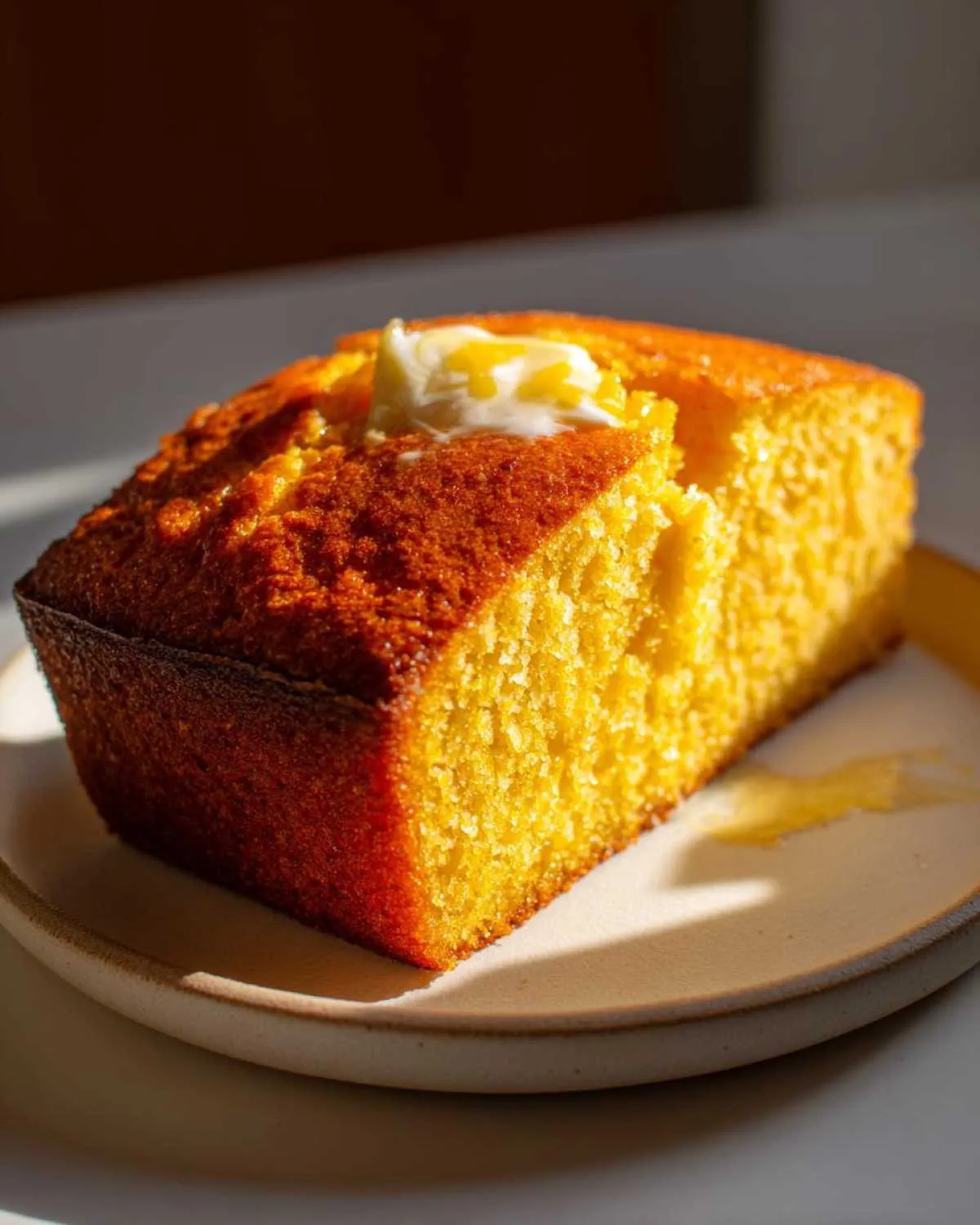 A slice of golden-brown crunchy soft cornbread topped with a pat of melting butter.