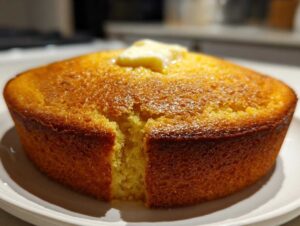 Close-up of a golden-brown crunchy soft cornbread with a pat of melting butter on top.