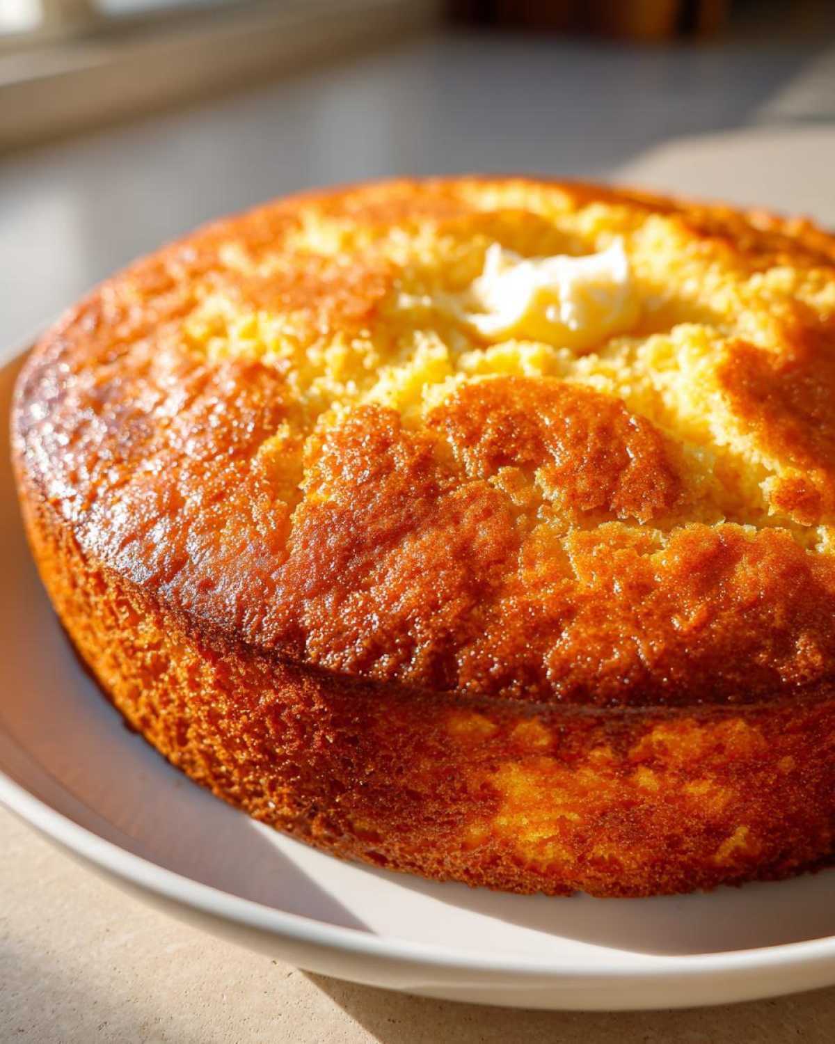 A close-up of a golden-brown crunchy soft cornbread with a dollop of melting butter on top.