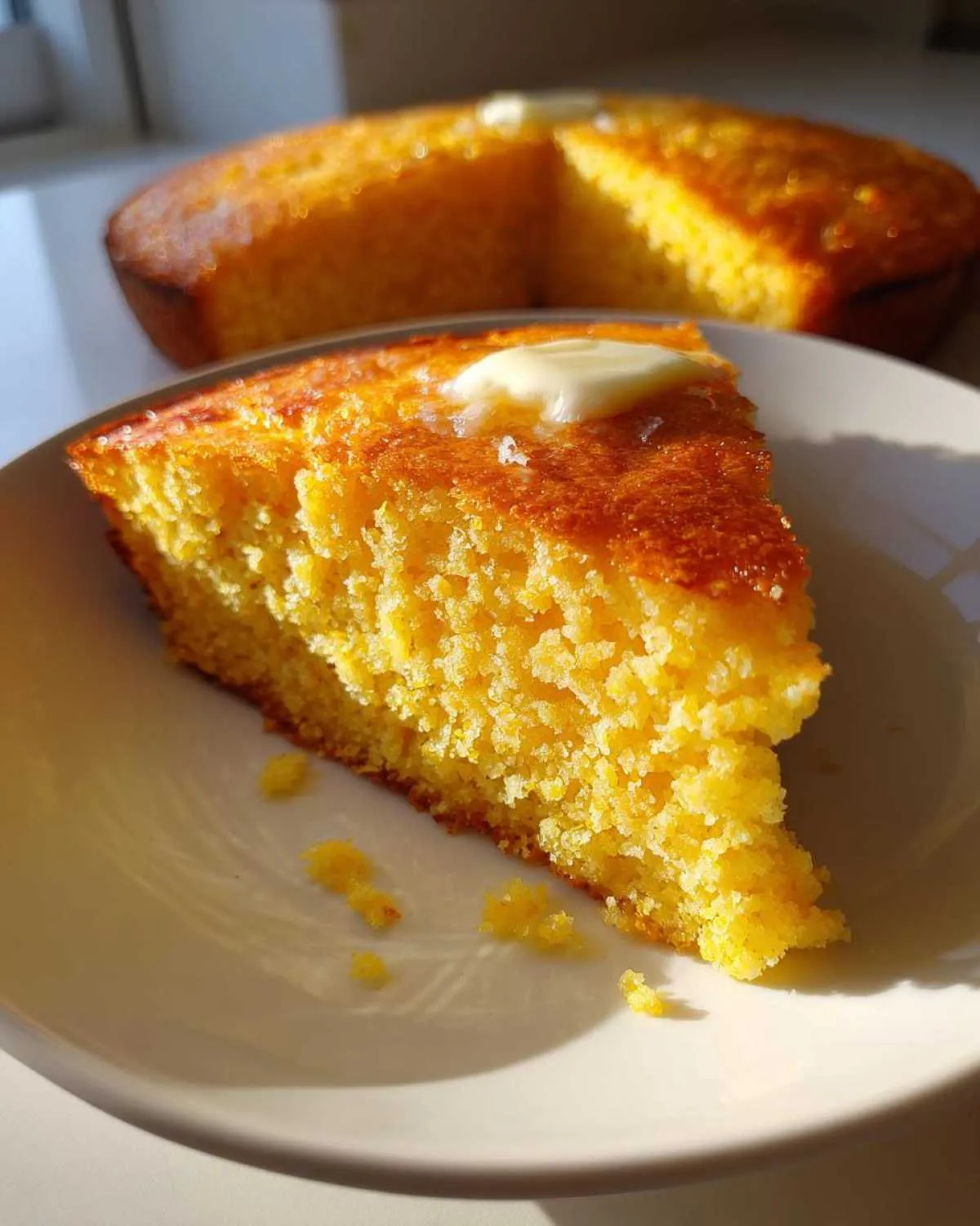 A close-up of a slice of crunchy soft cornbread topped with melting butter on a plate.