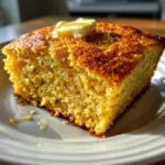 A close-up of a golden slice of crunchy soft cornbread topped with melting butter.