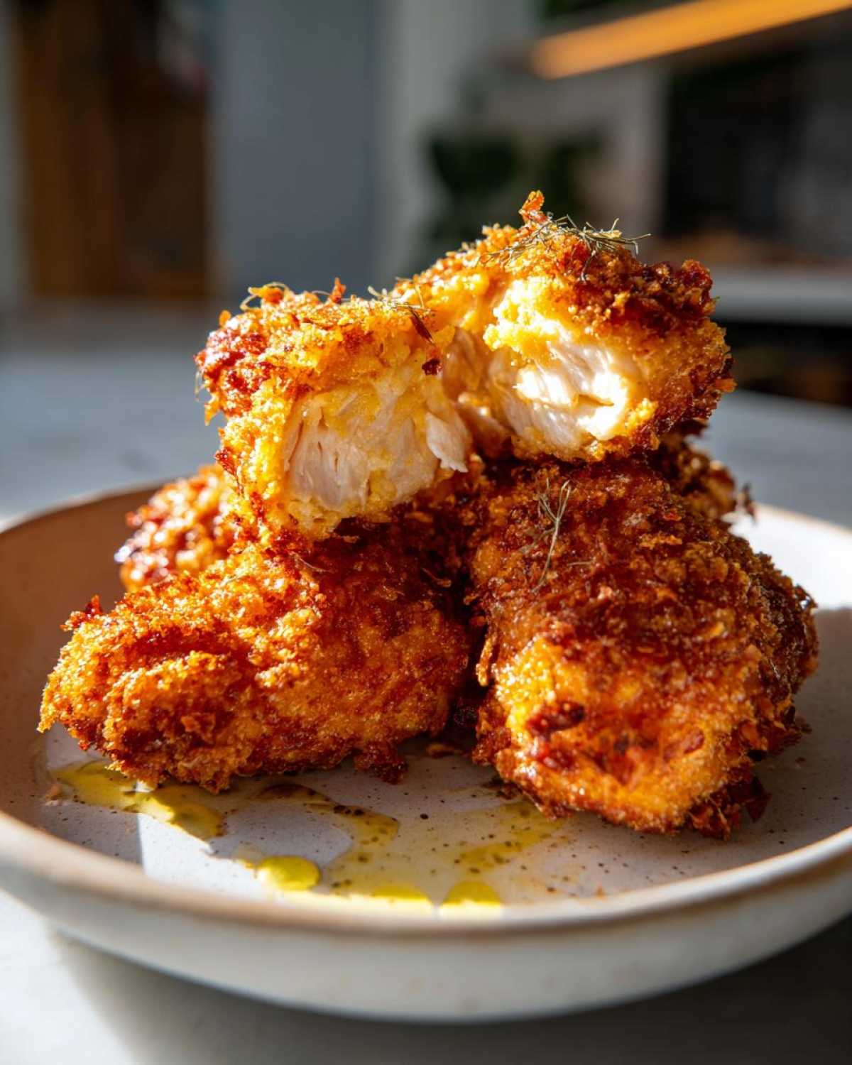 Close-up of crispy dill pickle parmesan chicken pieces, one is broken open to show the juicy interior.