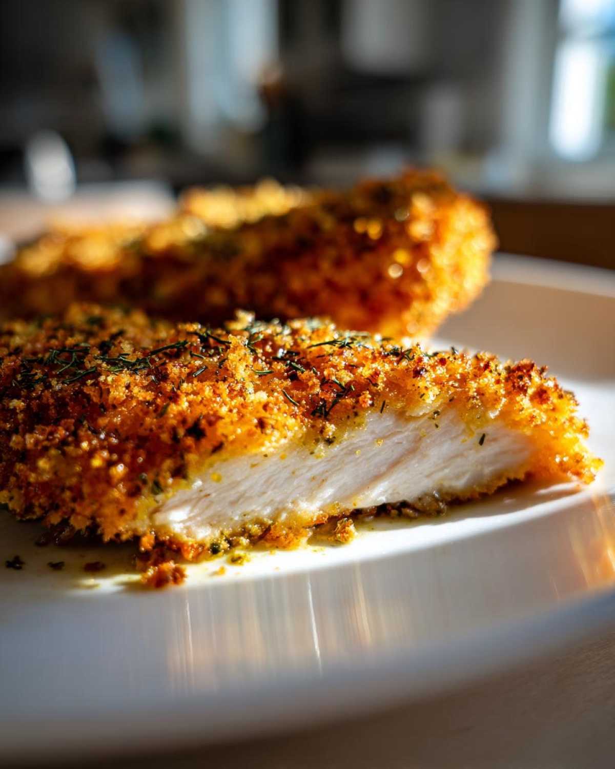 A close-up of a crispy dill pickle parmesan chicken cutlet, showing the juicy interior and golden breading.