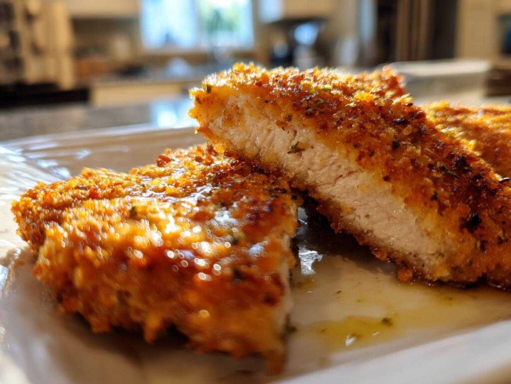 Close-up of a juicy dill pickle parmesan chicken cutlet, showing the crispy breaded exterior and tender white meat inside.