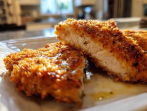 Close-up of a juicy dill pickle parmesan chicken cutlet, showing the crispy breaded exterior and tender white meat inside.