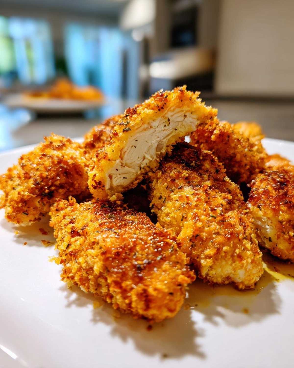 A close-up of crispy dill pickle parmesan chicken tenders on a white plate, one tender is cut in half showing the juicy interior.