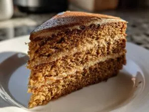 A close-up of a slice of dirty chai spice cake with layers of cake and frosting, dusted with cinnamon.