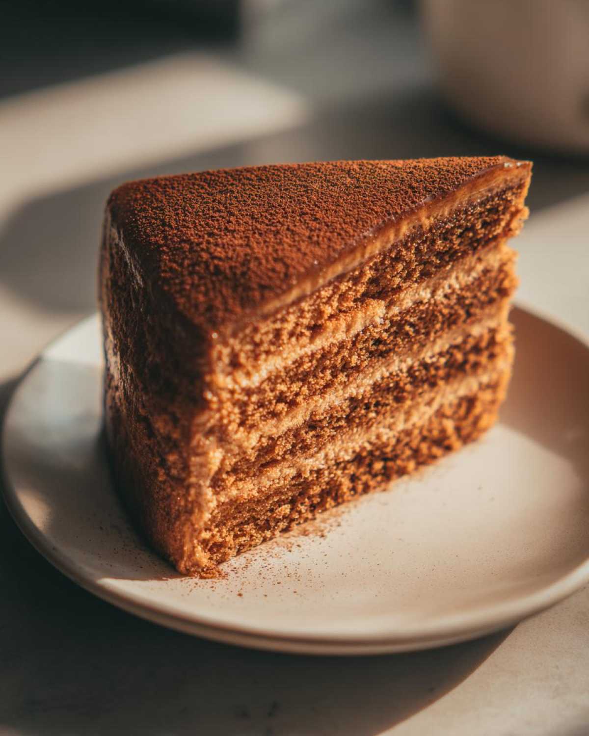 A triangular slice of dirty chai spice cake, dusted with cocoa powder, on a white plate.