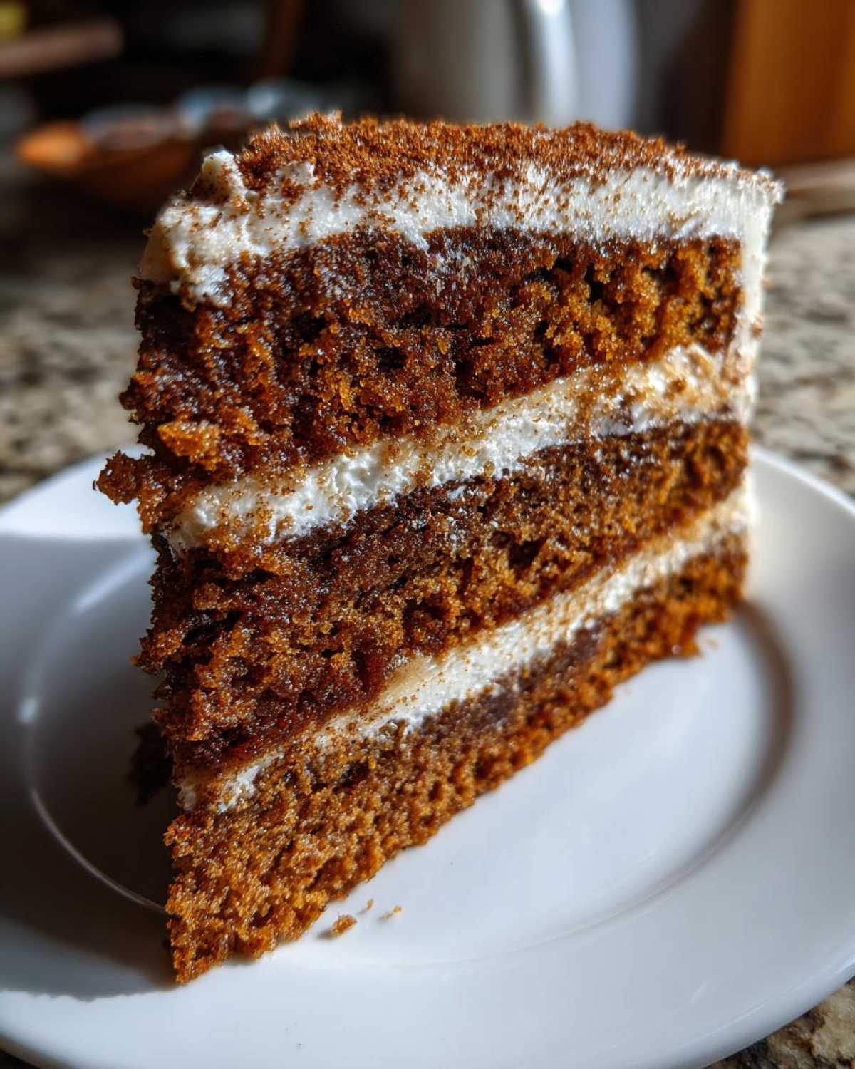 A close-up view of a moist slice of dirty chai spice cake with creamy frosting and a dusting of cinnamon.