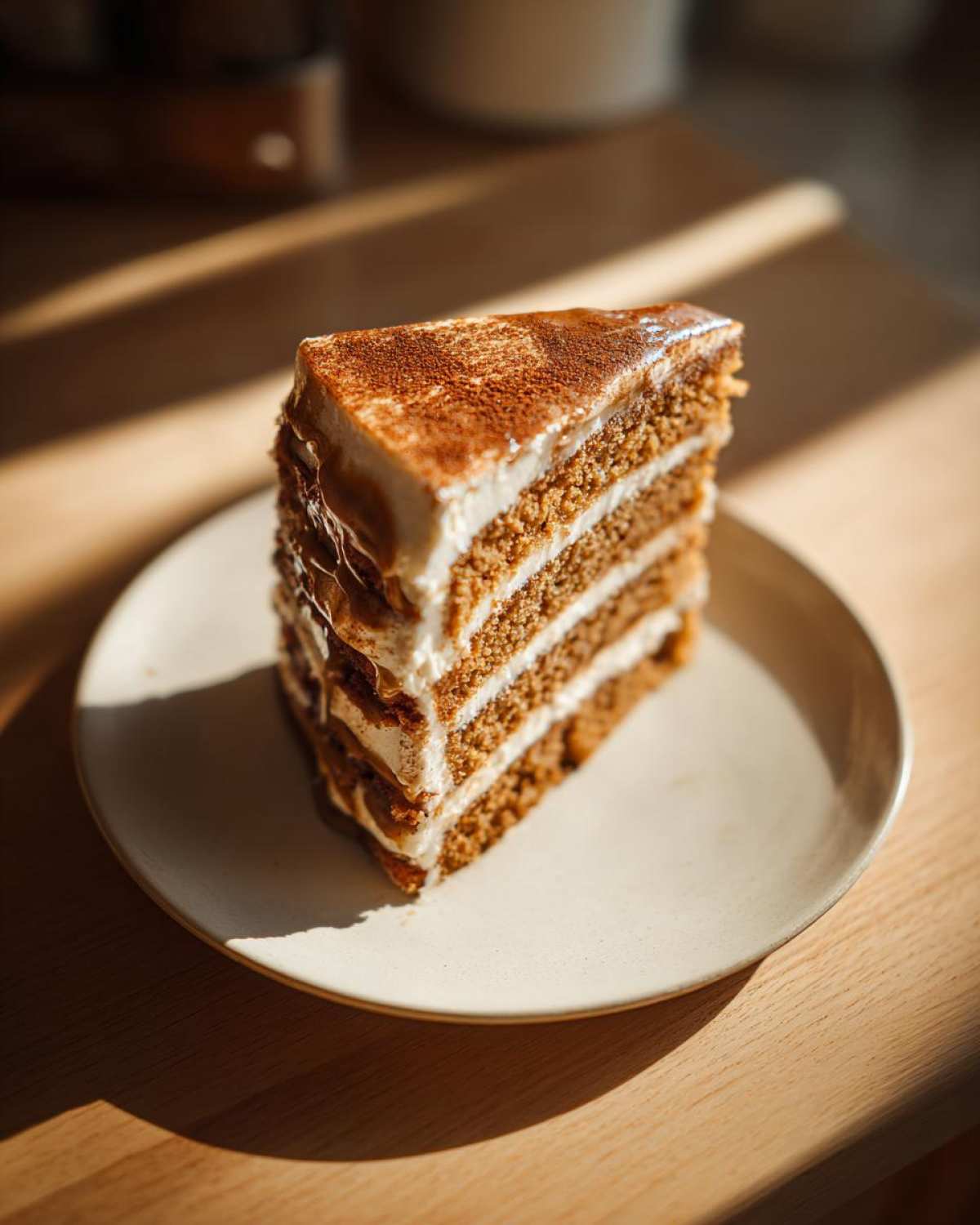 A slice of layered dirty chai spice cake with creamy frosting and a dusting of cocoa powder.