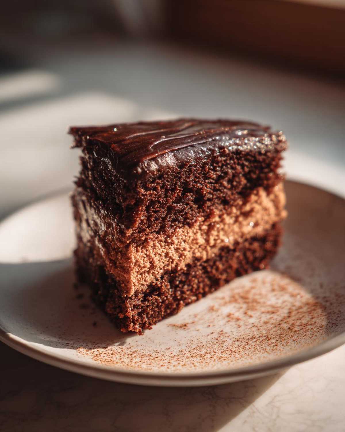 A slice of rich chocolate dirty chai spice cake with a creamy filling and chocolate ganache topping.
