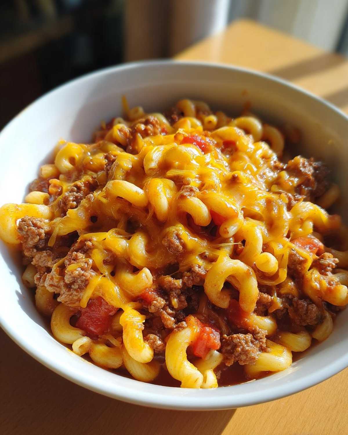 A bowl of easy beef goulash with macaroni pasta, ground beef, tomatoes, and melted cheese.