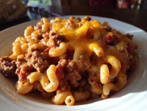 Close-up of a hearty serving of easy beef goulash with elbow macaroni and melted cheddar cheese.