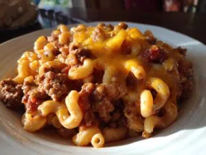 Close-up of a hearty serving of easy beef goulash with elbow macaroni and melted cheddar cheese.