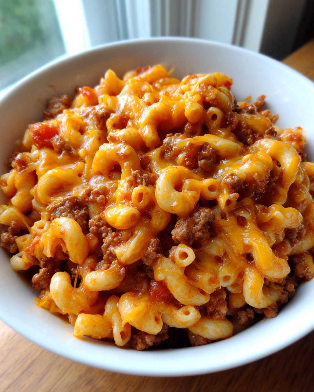 Close-up of a bowl of easy beef goulash with elbow macaroni and melted cheddar cheese.