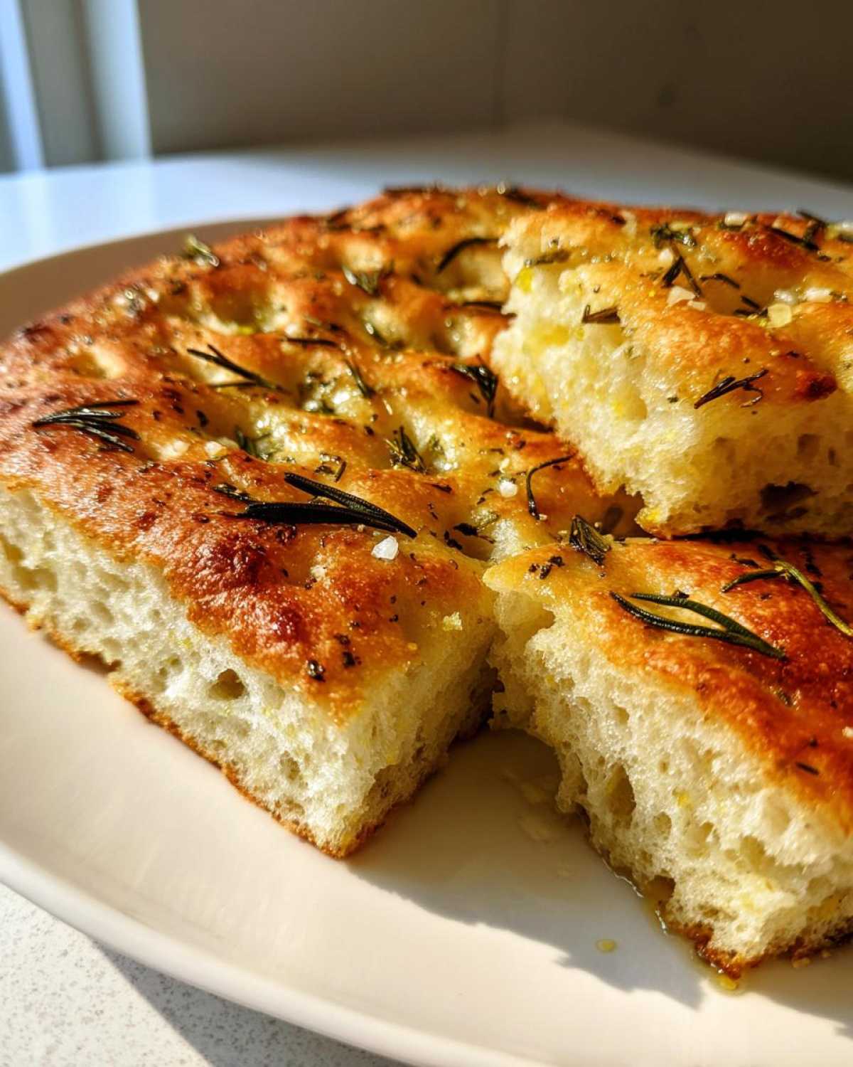 Close-up of fluffy easy homemade focaccia bread topped with rosemary and sea salt.