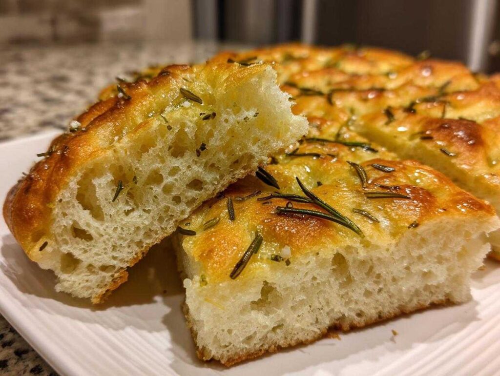 A close-up of fluffy easy homemade focaccia bread, topped with rosemary and glistening with olive oil.