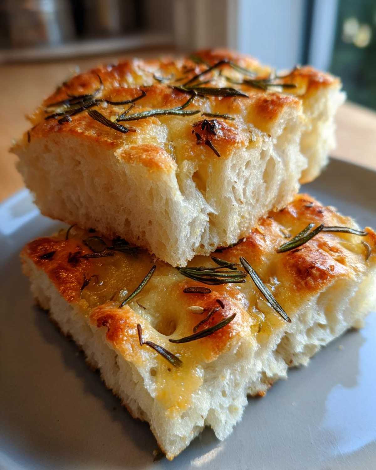 Two slices of fluffy easy homemade focaccia bread topped with fresh rosemary and olive oil.