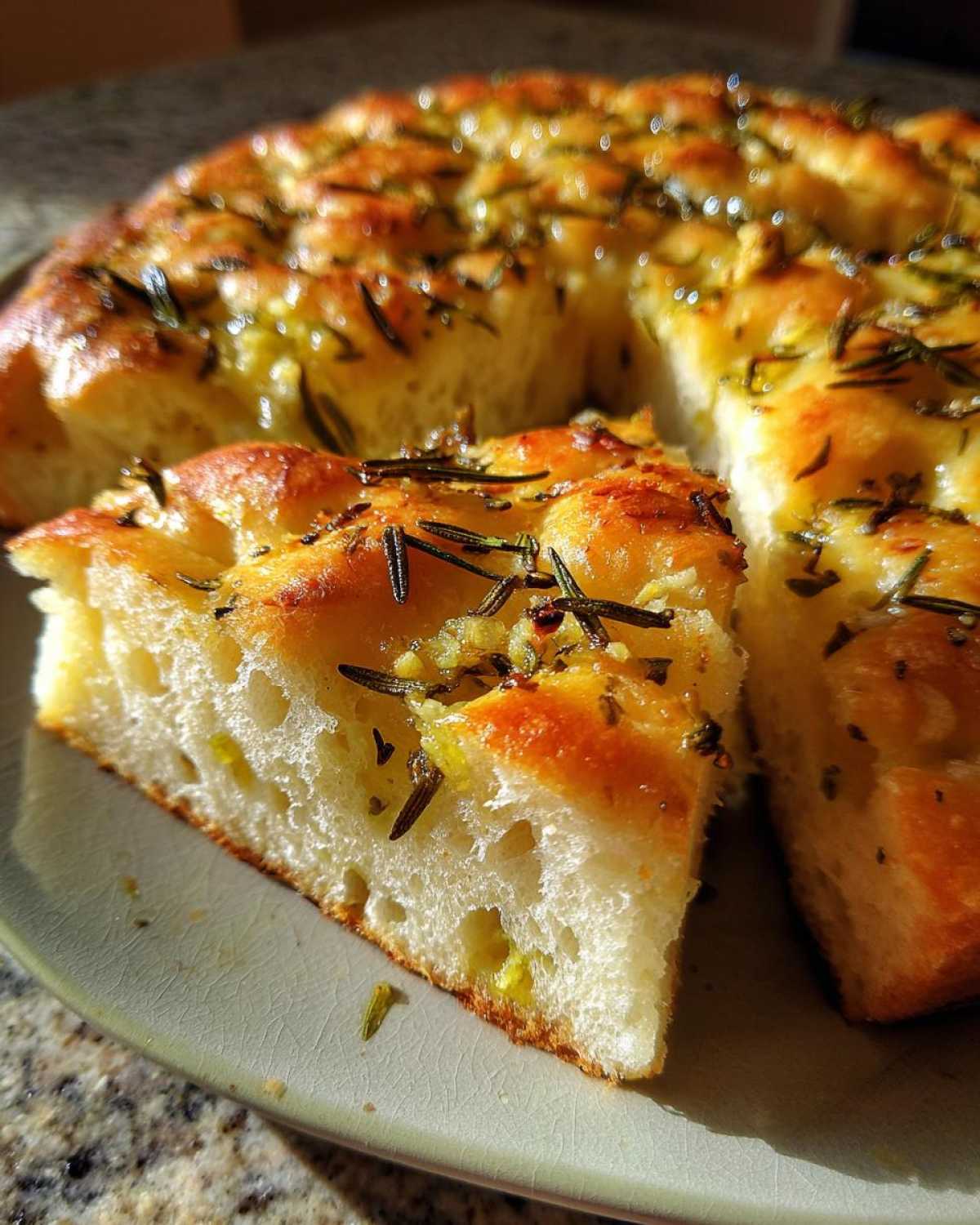 Close-up of a fluffy slice of easy homemade focaccia bread topped with rosemary and olive oil.