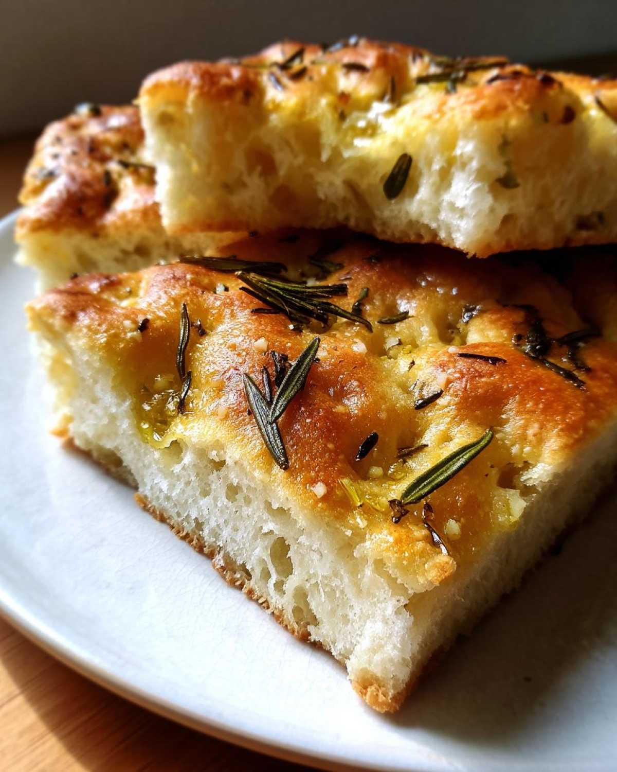 Close-up of a fluffy slice of easy homemade focaccia bread topped with rosemary and sea salt.
