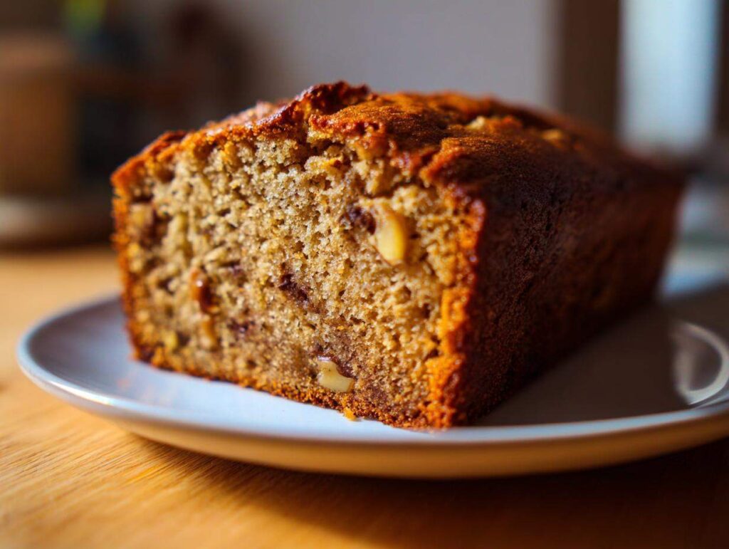 A close-up of a slice of easy moist banana bread on a white plate, showing the texture and nuts.