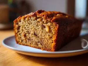 A close-up of a slice of easy moist banana bread on a white plate, showing the texture and nuts.