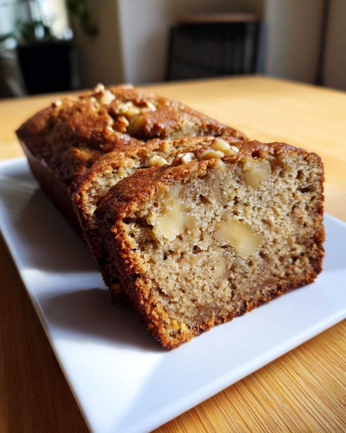 A close-up of easy moist banana bread with walnuts, sliced on a white plate.
