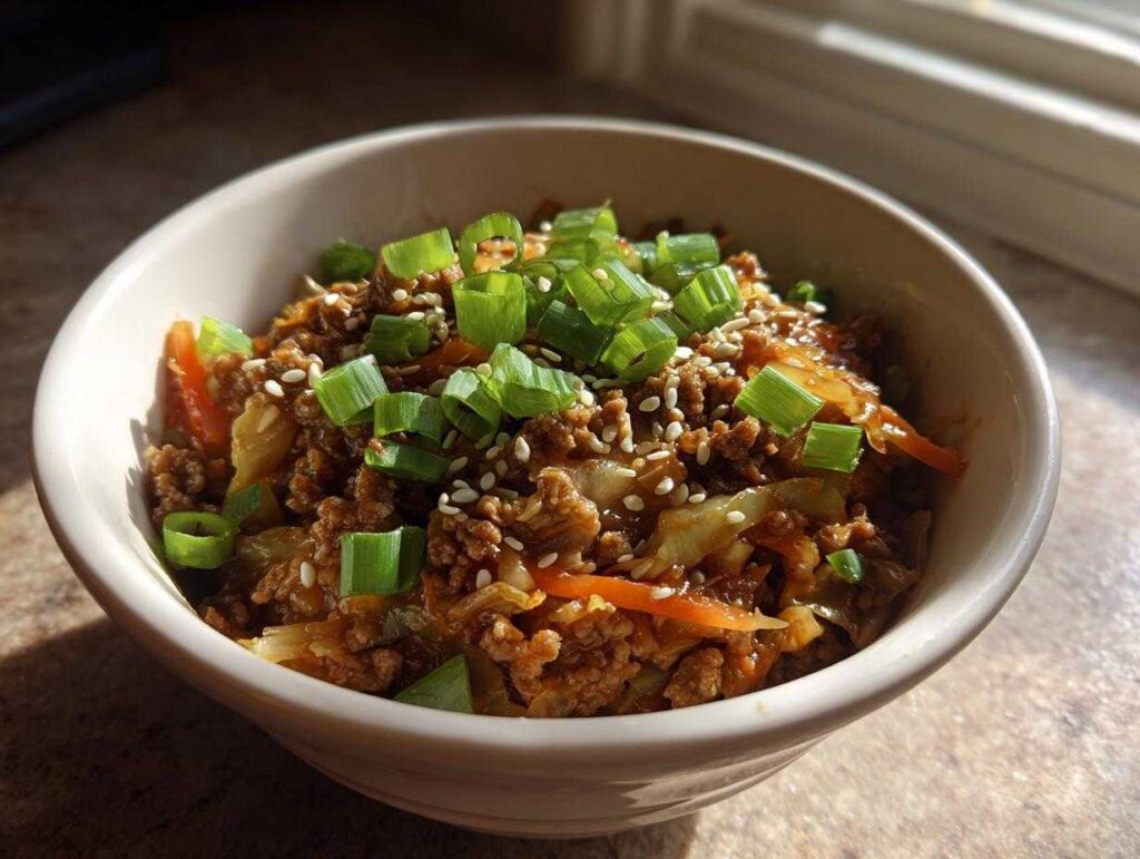 A close-up of a bowl filled with a savory egg roll in a bowl, topped with chopped green onions and sesame seeds.