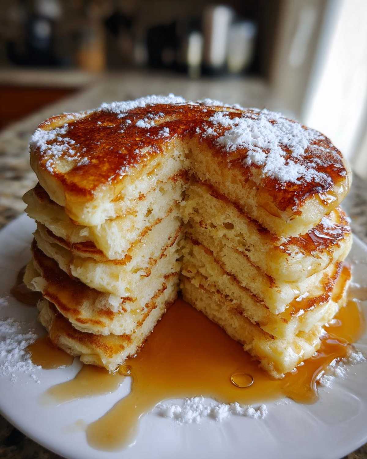 A tall stack of fluffy buttermilk pancakes drizzled with golden syrup and dusted with powdered sugar.